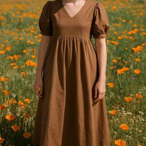 Adobe Lane NWT Boho brown puff sleeve v-neck A line midi dress sz S